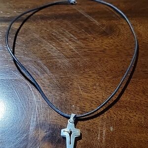 Black Leather Cord Necklace with Sterling Silver Cross/Crucifix Pendant